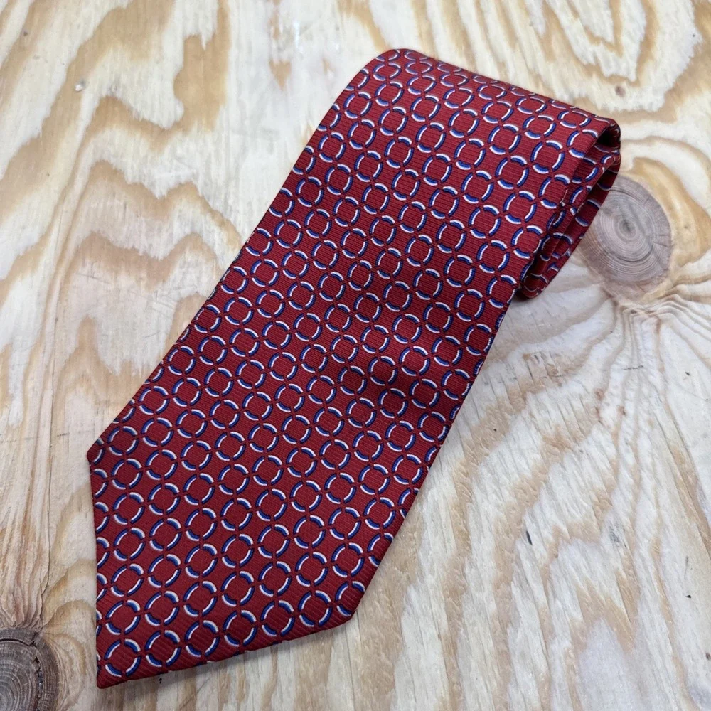 Ralph Lauren LRL Necktie Red Blue White Circle Print 100% Silk Classic Preppy‎